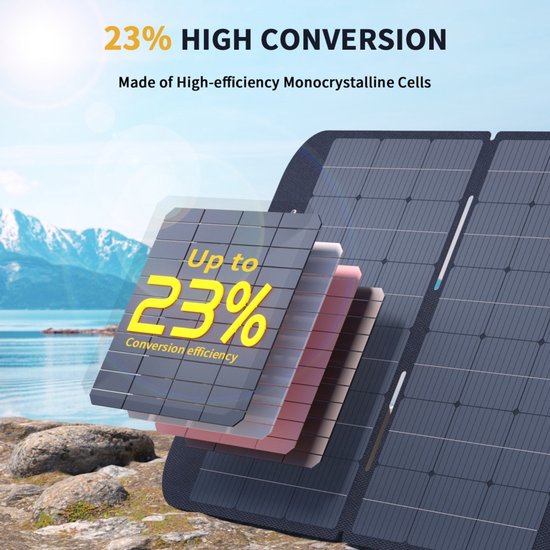 VTOMAN VS400 400W opvouwbaar zonnepaneel, 23% hoogrendements monokristallijne cellen, IP67 waterdicht ETFE-oppervlak, verstelbare standaard, MC4-connector voor draagbare stroomstations — afbeelding 2