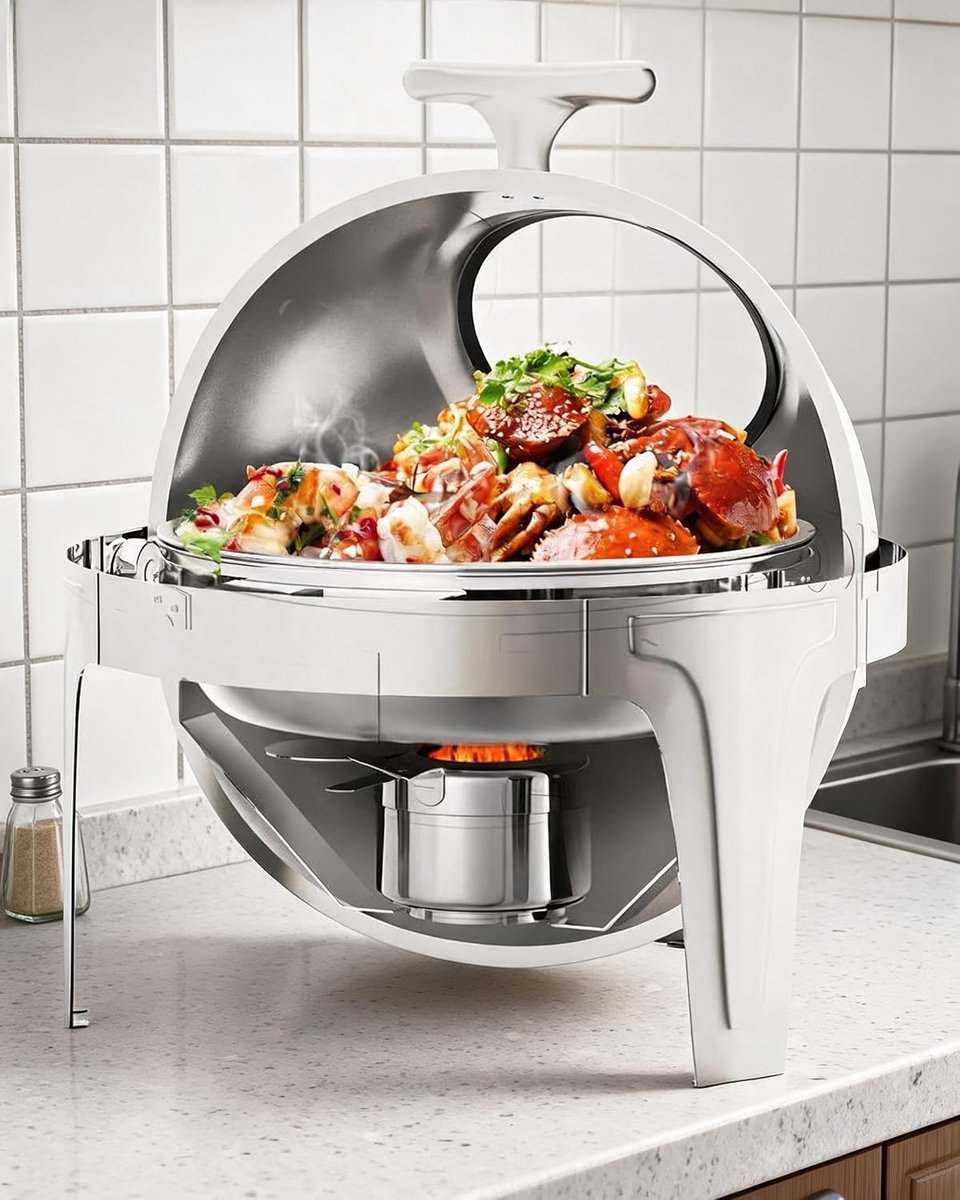 Chafing Dish met Glazen Kijkvenster & Roll-Top - 6 Liter - Ronde RVS Buffet Warmhouder met Gouden T-Handgreep - Roldeksel Warmhoudschaal voor Catering, Hotel & Bruiloft