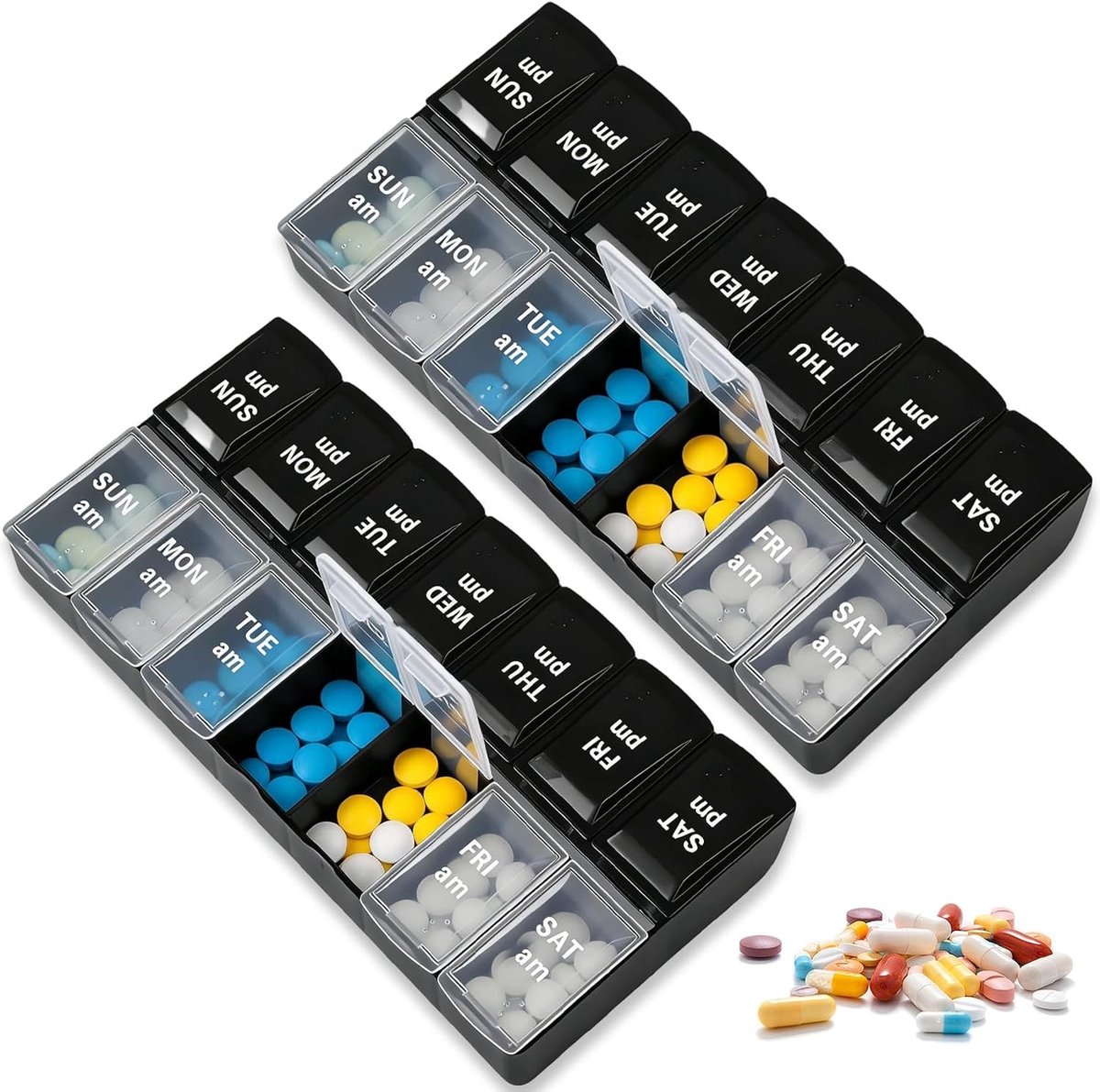 Grote pillendoos voor 7 dagen met 2 onafhankelijke vakken - ideaal voor medicijnen, vitamines en supplementen in zwart en transparant ontwerp