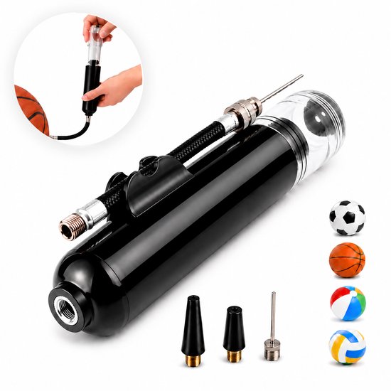 Pompe à ballon noire portable avec tuyau flexible et embouts, ballons de basket, de football et de plage inclus.