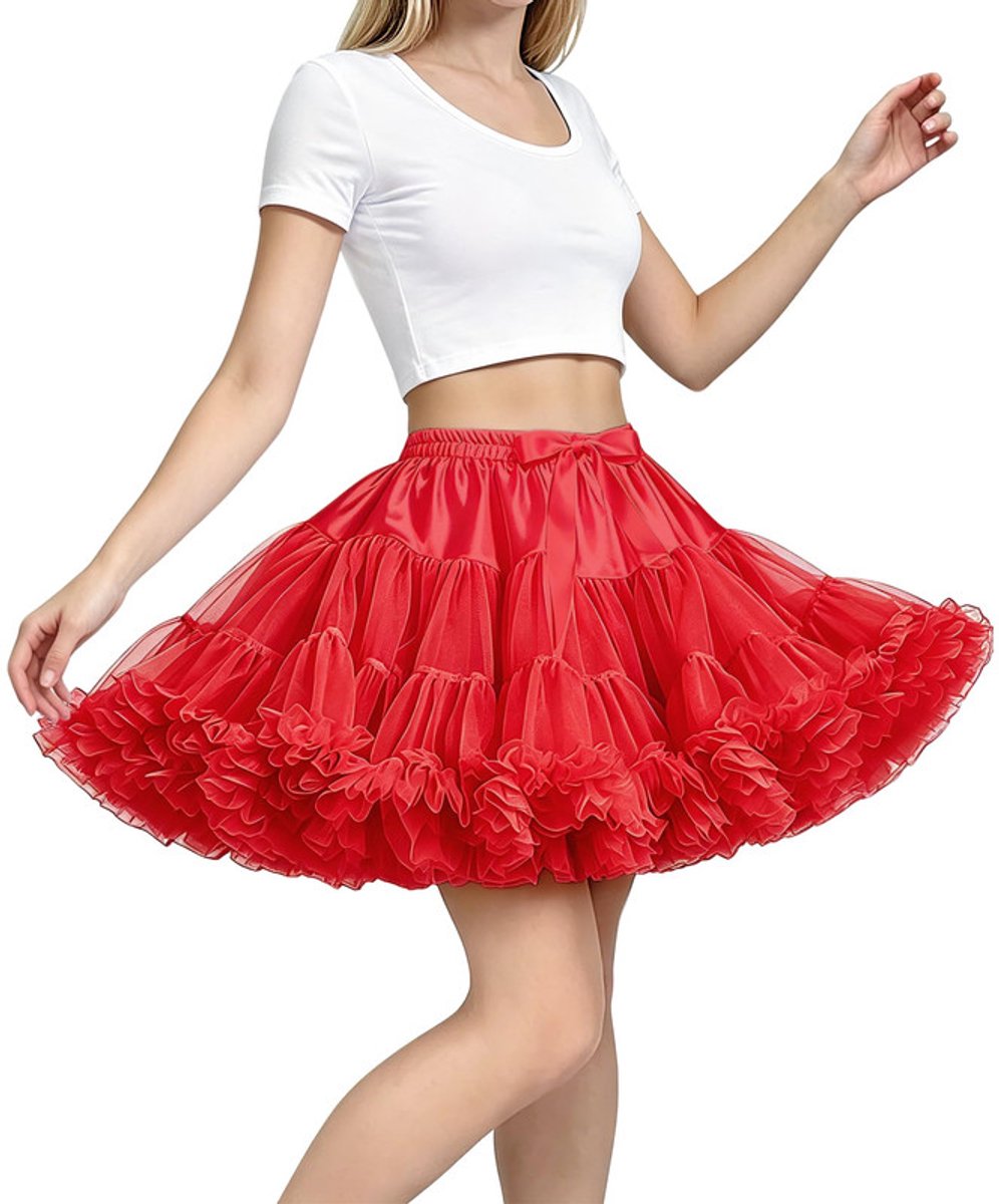 Petticoat onderrok voor dames en meisjes - Korte 3-laagse tule rok met elastische taille - Zachte satijnen voering - Voor trouwjurken, baljurken, ballet en Lolita - Rood