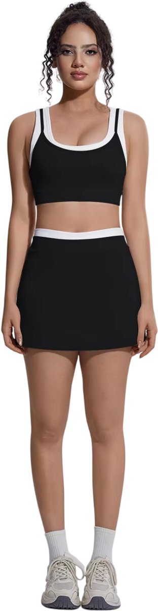 2-Delige Yogaset Dames – Sportieve Yoga Outfit, Fitness Kleding, Heuplift, Ademend, Rugvrij Design, Shorts met Zakken & Tennisrok - Zwart - Maat L