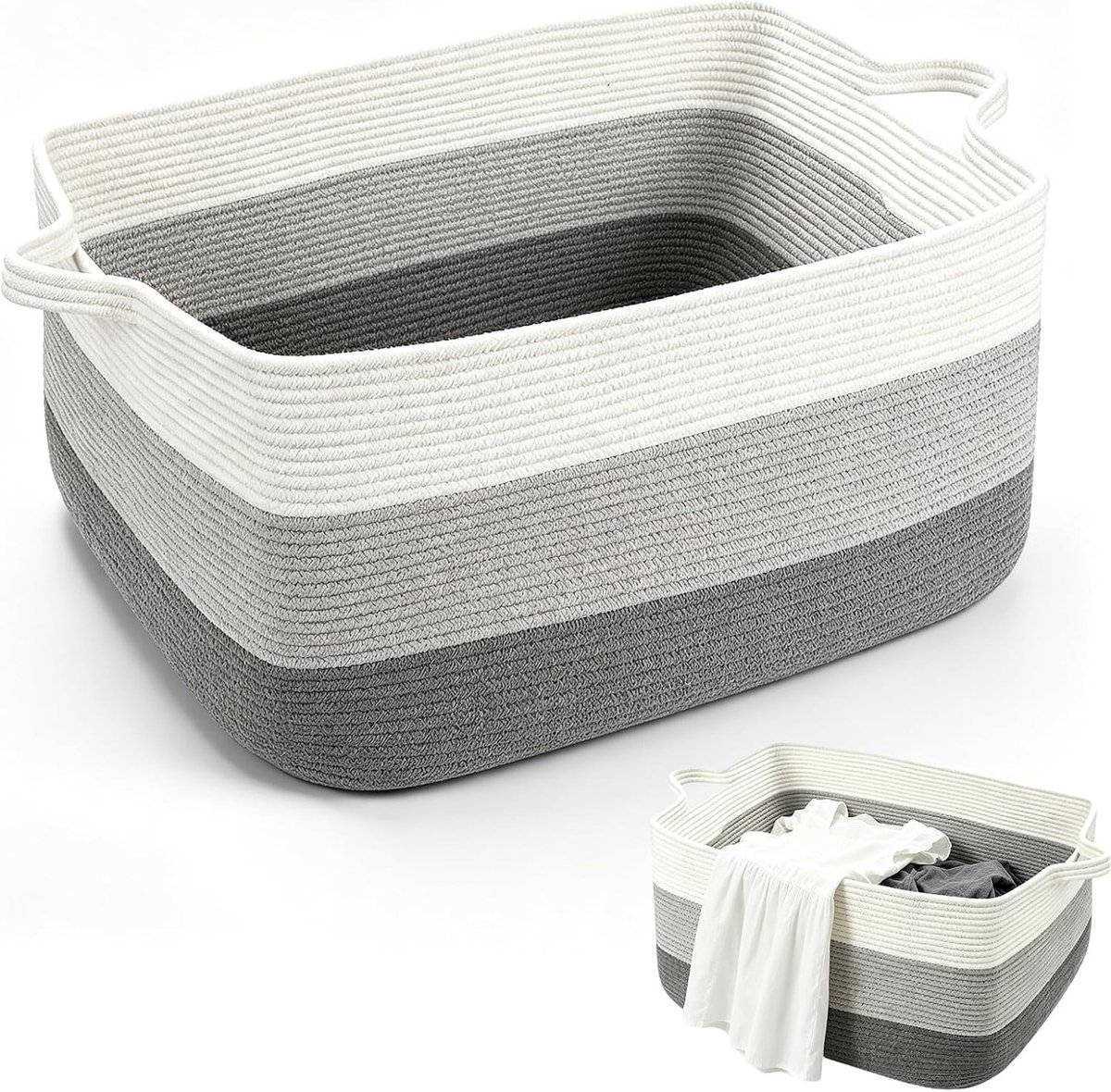 Gevlochten opbergmand van katoenen touw met handgrepen, opvouwbaar voor speelgoed, dekens en kleding, 48 x 34 x 28 cm (grijs en wit)