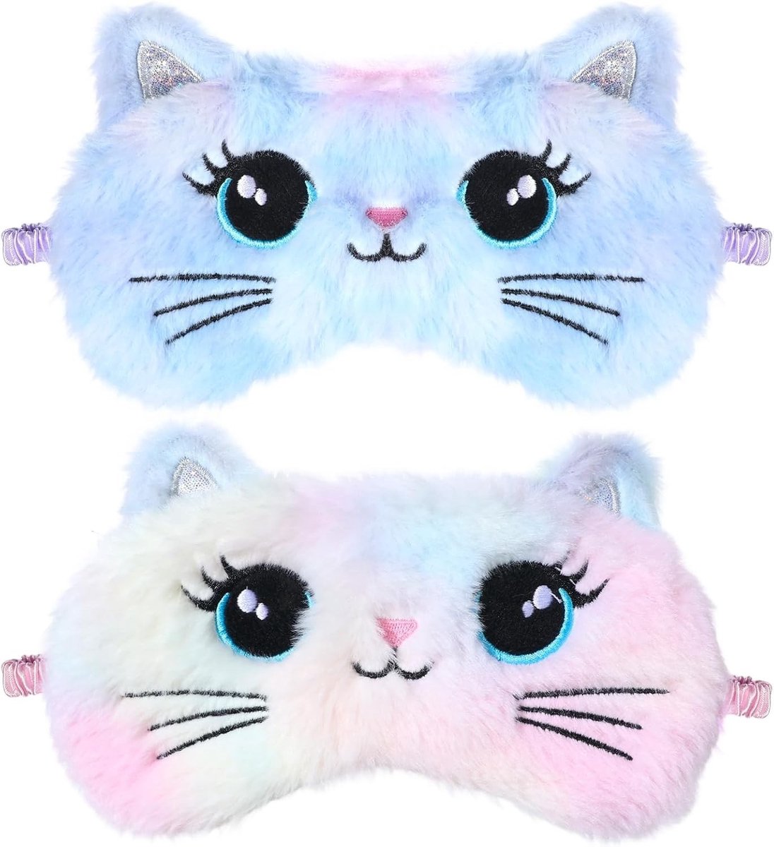 2 Stuks 3D Pluche Slaapmasker voor Kinderen, Zacht en Fluffy Oogmasker voor Naps en Reizen, Geschikt voor Meisjes en Jongens, Multikleurige Ontwerpen (Kat, Regenboogkleuren)