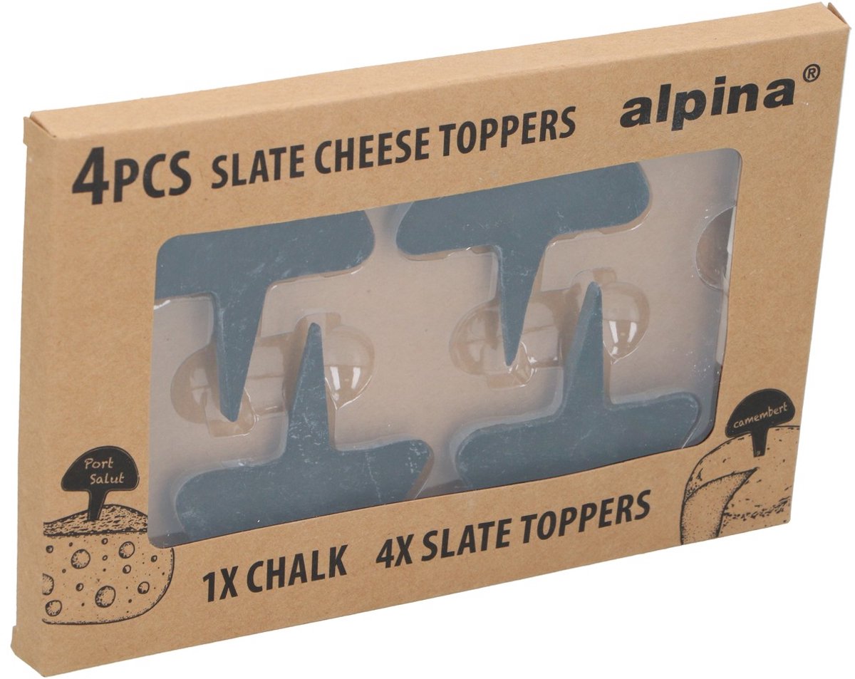 alpina Leisteen Kaastoppers met Krijt - Set van 4 Stuks - Herbruikbaar Krijtbord - Handig voor Kaasplankjes - Stijlvolle Presentatie - Inclusief Krijtje - Afmetingen 23,2x15,2cm - Zwart