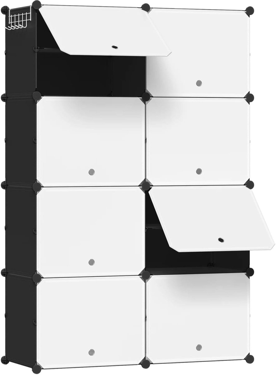 Klarven® Schoenenrek Zwart - 32 Paar Opbergruimte, 8 Verstelbare Vakken - Haken voor Tassen en Sleutels, Gereedschapsloos Monteren - B 94 x D 36,5 x H 144 cm