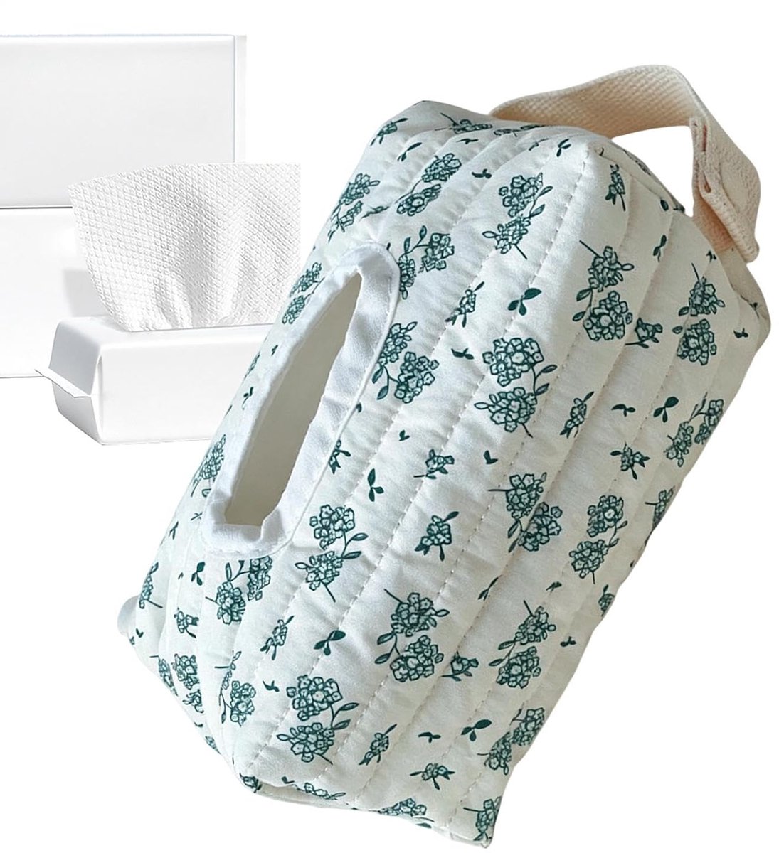 Bloemenprint serie gewatteerde zak voor tissues met trekfunctie - draagbare hangende flapdoos voor natte doekjes - groene bladeren tissuebox - 20*12*8cm