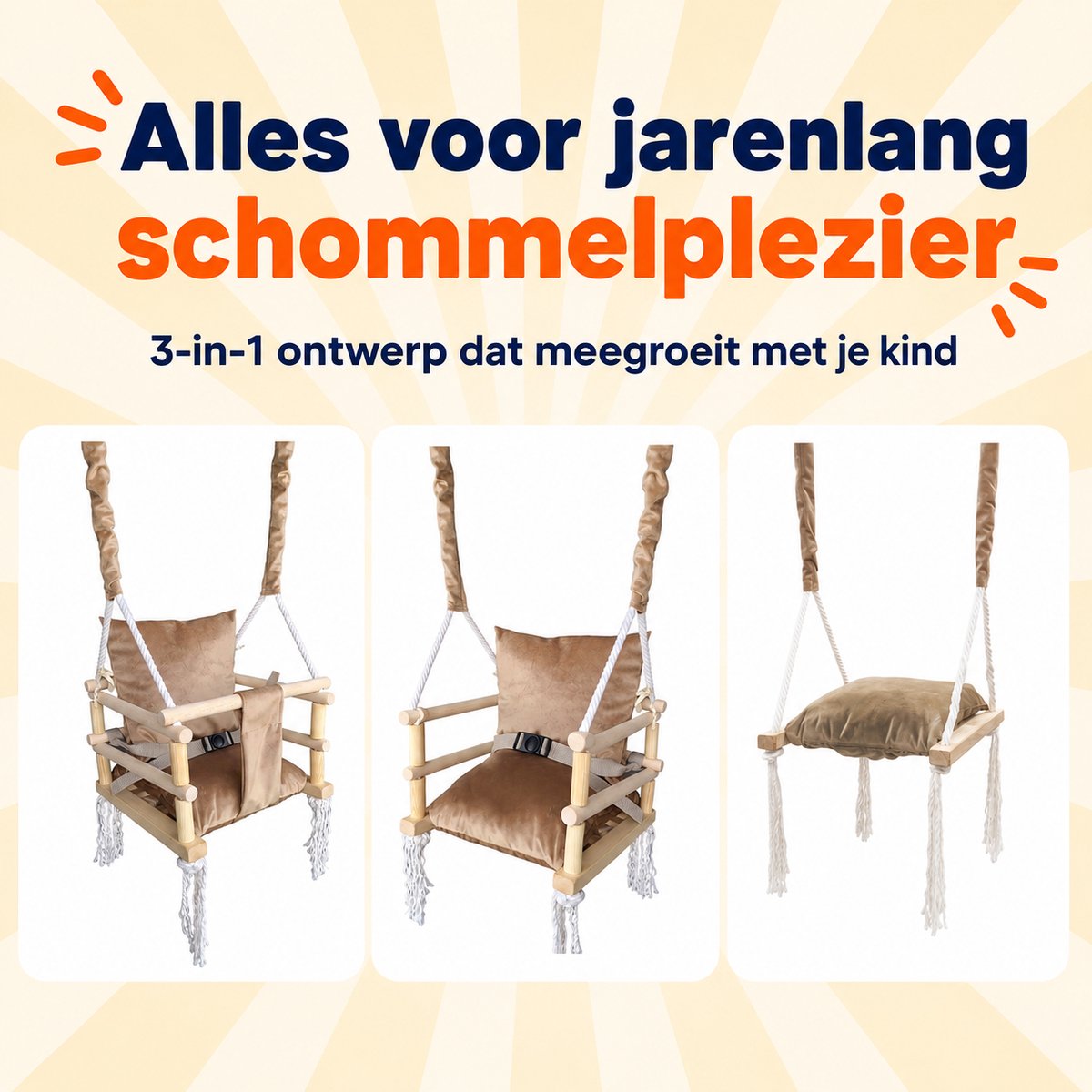 Trendmix Houten Babyschommel 3-in-1 – Meegroei Kinderschommel & Schommelzitje – Binnen & Buiten – Tot 25 kg — afbeelding 3