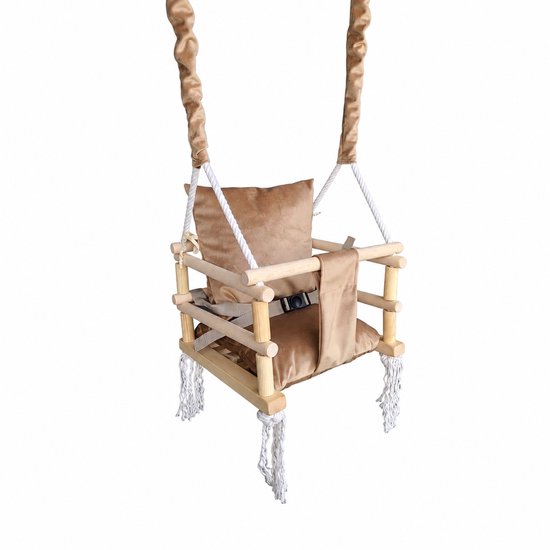 Houten babyschommel met beige bekleding, touwen en veiligheidshaken.