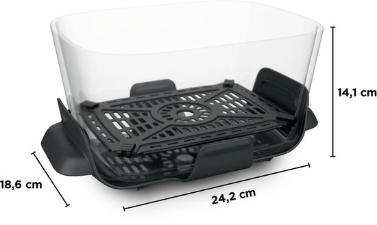 Transparante glazen schaal van 3,8 liter met een zwarte crispplaat, afmetingen 24,2 cm bij 18,6 cm bij 14,1 cm.