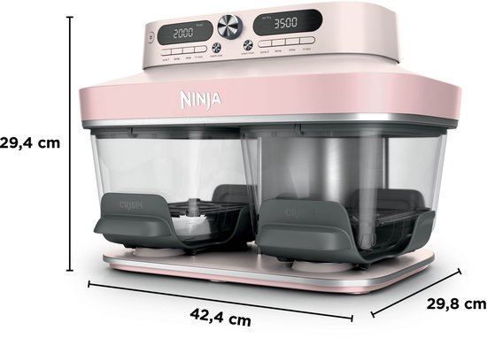 Roze Ninja airfryer met glazen schalen en afmetingen van 29,4 cm hoog, 42,4 cm breed en 29,8 cm diep.