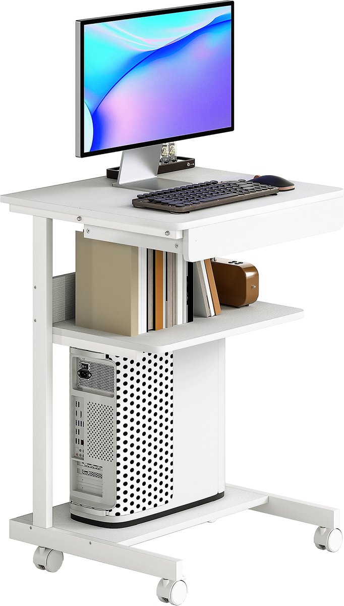 Computerbureau op wielen - bureau met opbergruimte 56 x 51 cm met lade - vak en CPU - houder - wit