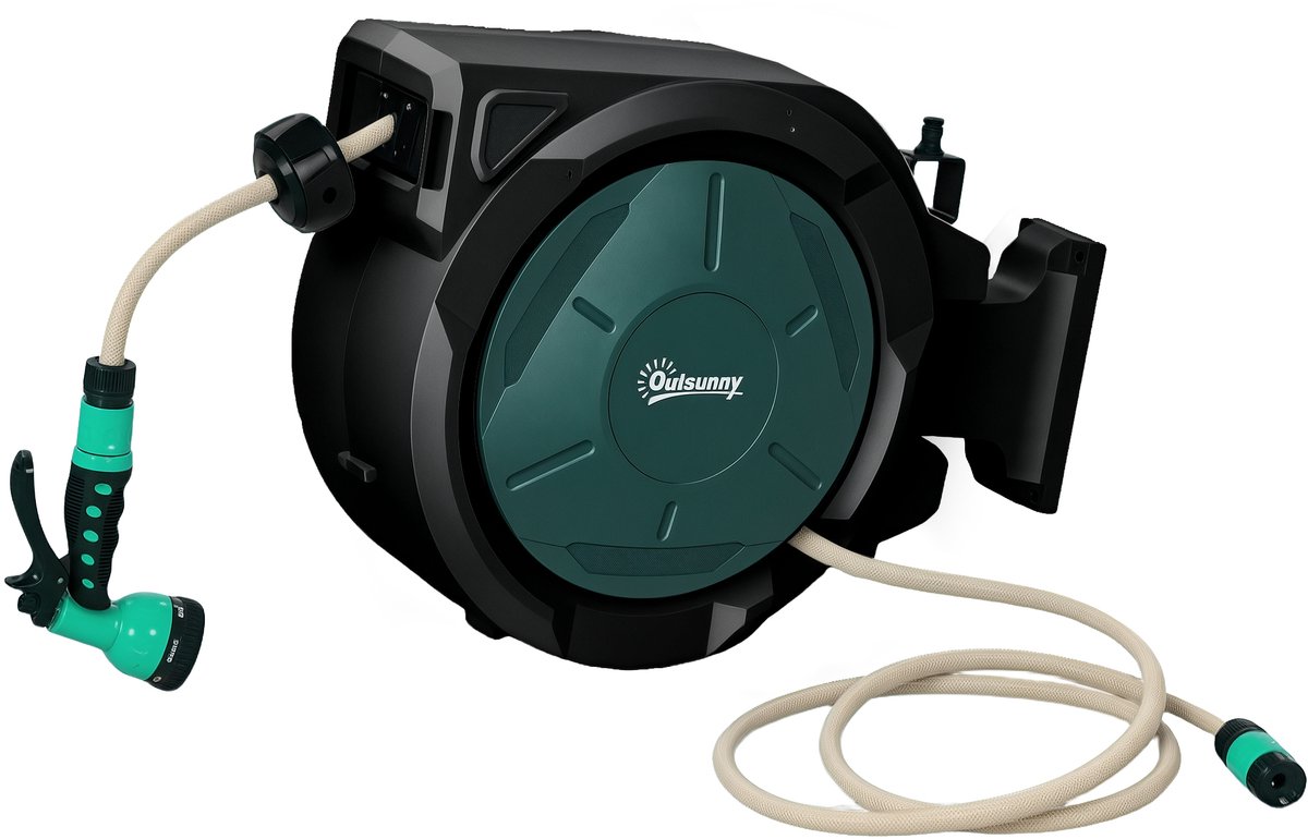 Wandgemonteerde slanghaspel 30m x Ø 15mm Automatische oprolbare waterslangdispenser Groen