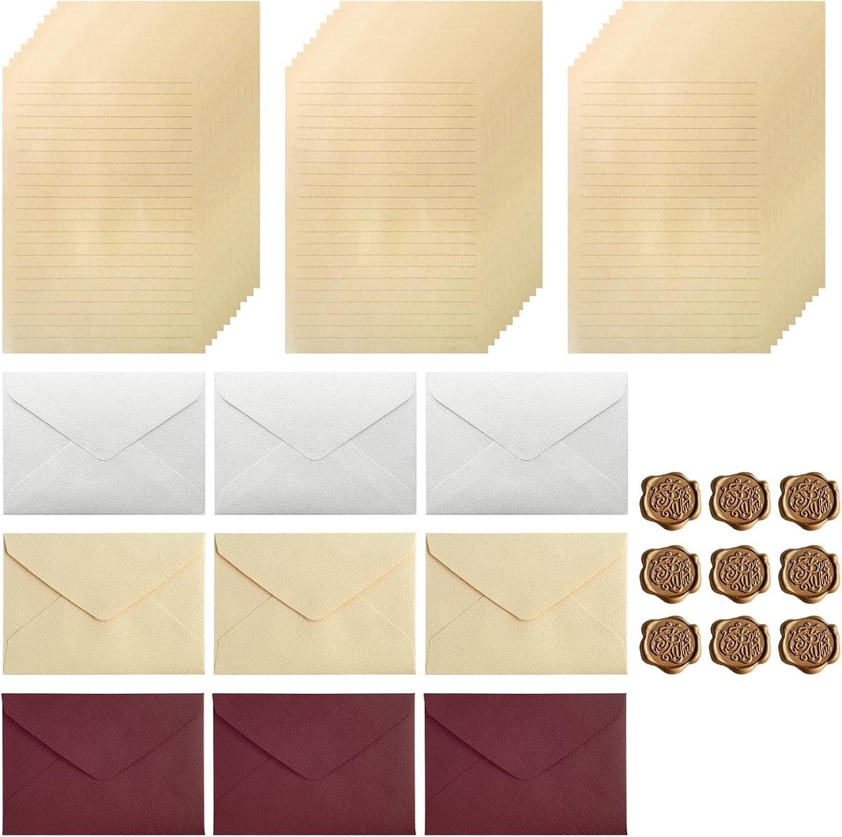 Vintage Schrijfset met 48 Stukken, 30 A5 Briefpapier, 9 Enveloppen en Waxstempels voor Liefdesbrieven en Uitnodigingen