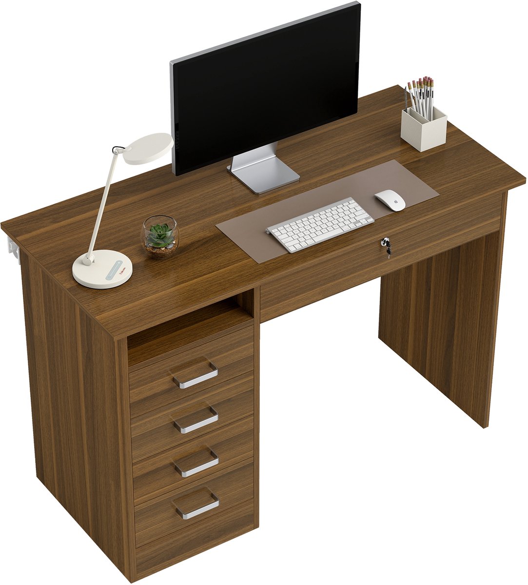 Computerbureau met 5 lades - 110 x 50 cm - bureau met opbergruimte - open plank - afsluitbare lade - walnoot