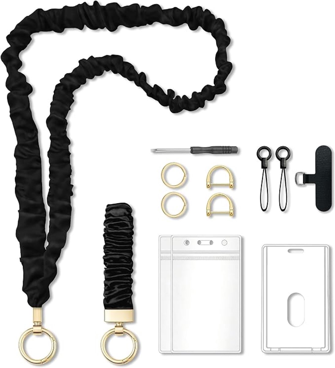 Uittrekbare Satijnen Scrunchie Keycord met Waterdichte Pashouder - Stevig Plastic - Cadeau voor Leerkrachten - Met Telefoonbevestiging - Zwart - SOLLBRY®