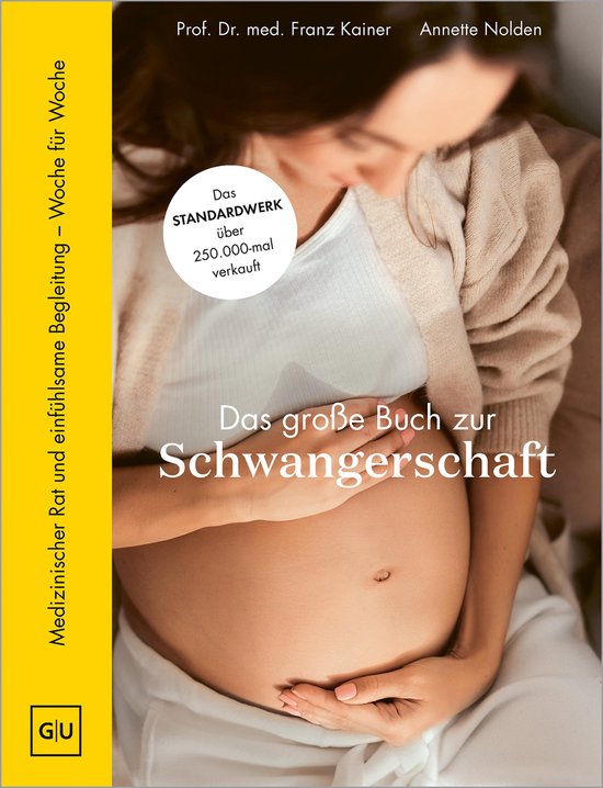 Een vrouw houdt haar zwangere buik vast. De titel is 'Das große Buch zur Schwangerschaft'.