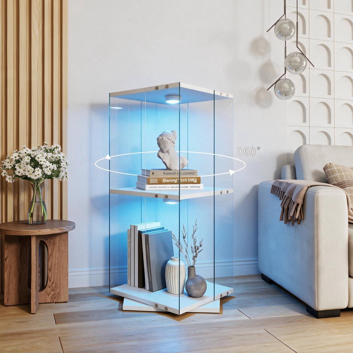 Vitrinekast in glas met LED‑verlichting, 360° draaibare staande vitrine met 2 legplanken, ESG‑veiligheidsglas, voor woonkamer en bar, 82 x 38 x 38 cm, wit