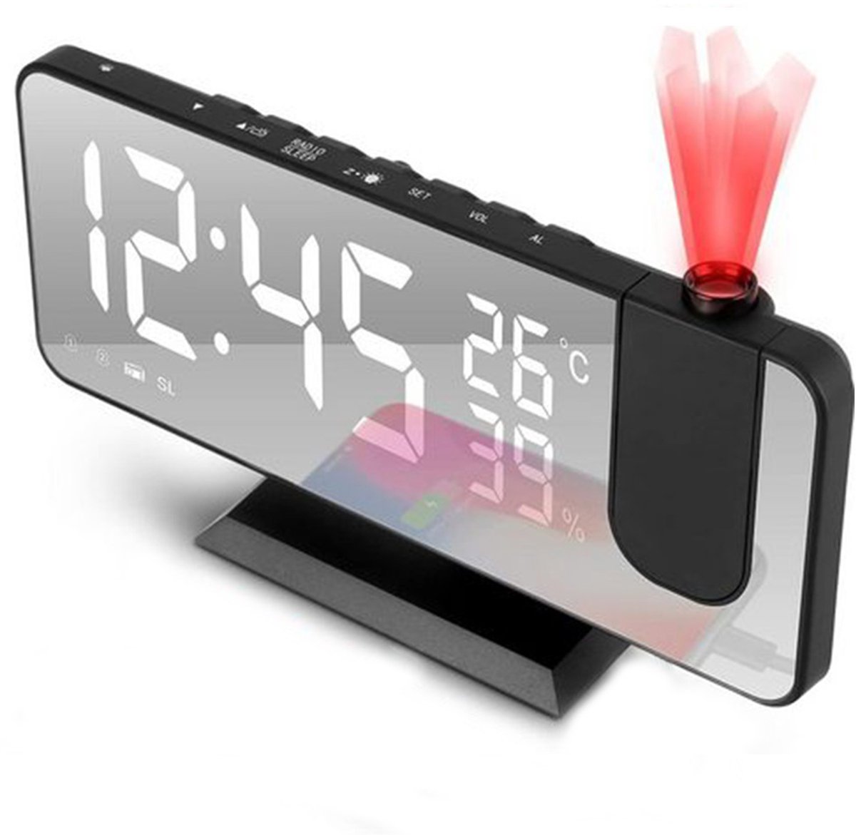 MODFU LED Wekker met FM Radio, Groot Display, Twee Alarmen, Temperatuur & Luchtvochtigheid, Projectie – 18,5x7,5x2 cm voor Slaapkamer, Nachtkastje of Bureau – Zwart