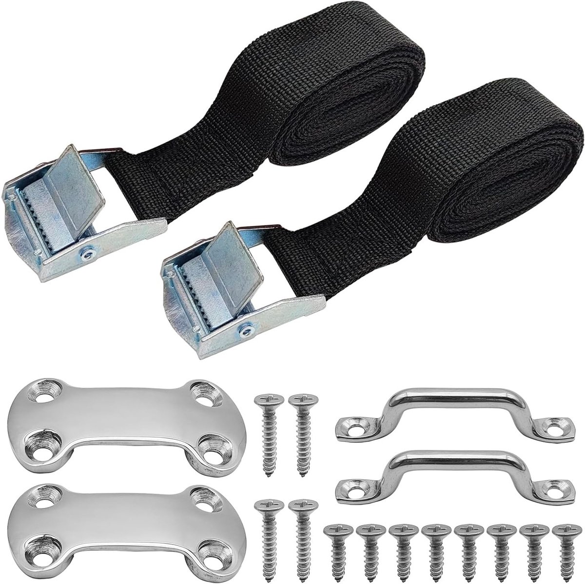 Complete Tie Down Kit met 14 Onderdelen, 1" x 56" (1.4m) Batterijbevestiging, RVS Cam Buckle en Beugels voor Koelers, Vrachtwagens en Bootladingen