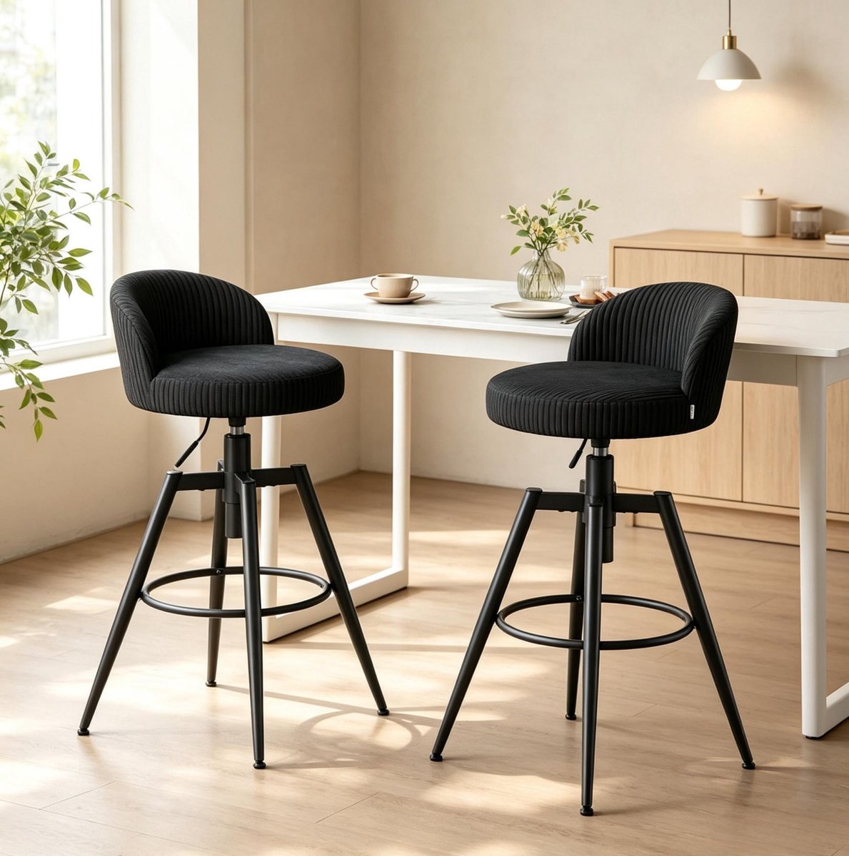 REDOM - Barkruk - 360° draaibaar - In hoogte verstelbaar met rugleuning en voetenring - Set van 2 - Ribstof en metaal - Zwart - 42 x 89,5 x 42 cm
