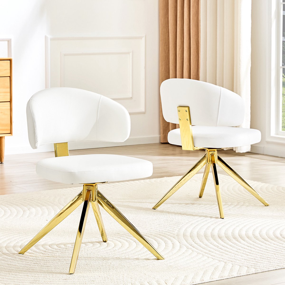 DESMIU Eetkamerstoel 77 Cm - Set Van 2 Draaibare Stoelen Met Gebogen Rugleuning - Voor Eetkamer En Woonkamer - Kunstleer Wit