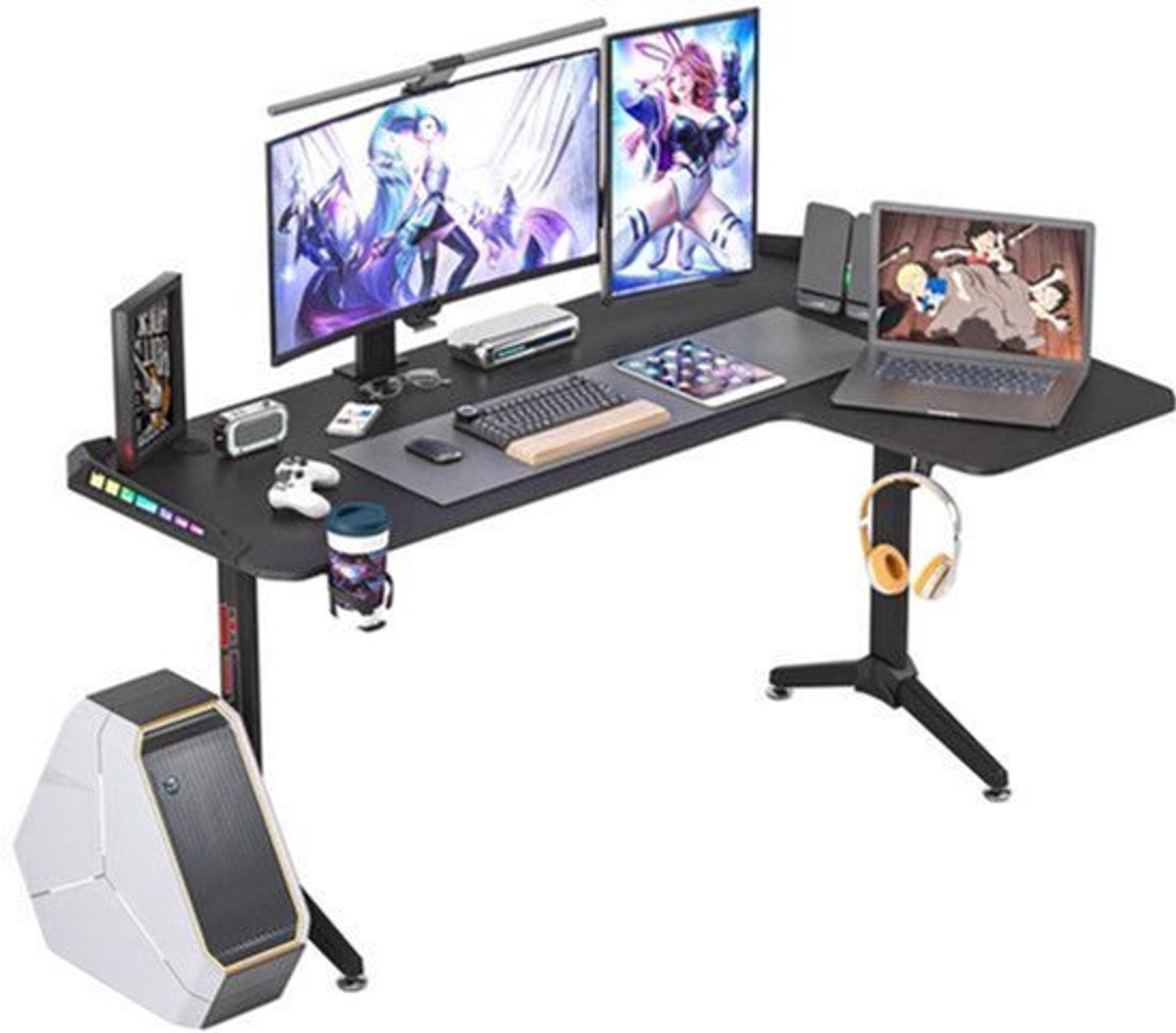 Laptop Computer Bureau - Groot Staand Bureau - L Vorm - Studeer Bureau - Werkstation - 60 Inch - Zwart - Gaming Tafel - Laptop Tafel - Links