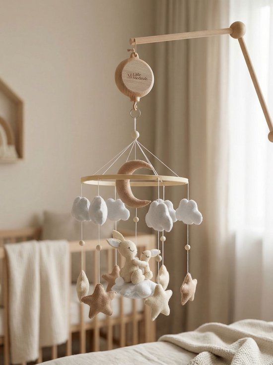 Little Beige Bunny - Baby - Baby speelgoed- Babykado - Kraamkado - Baby muziekmobiel - Houten muziekmobiel — afbeelding 4