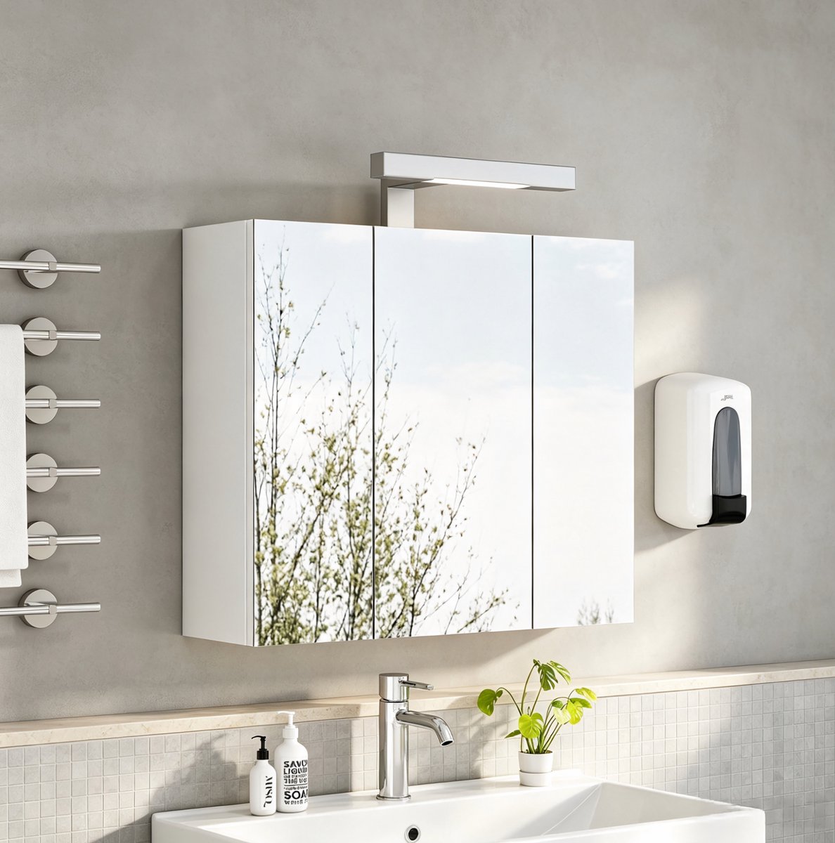 MIVRAY Badkamer Spiegelkast - 3 Deuren Met LED En Schuko Stopcontact - Wandmontage Voor Badkamer En Gastentoilet - MDF En Glas - Wit - 60 Cm
