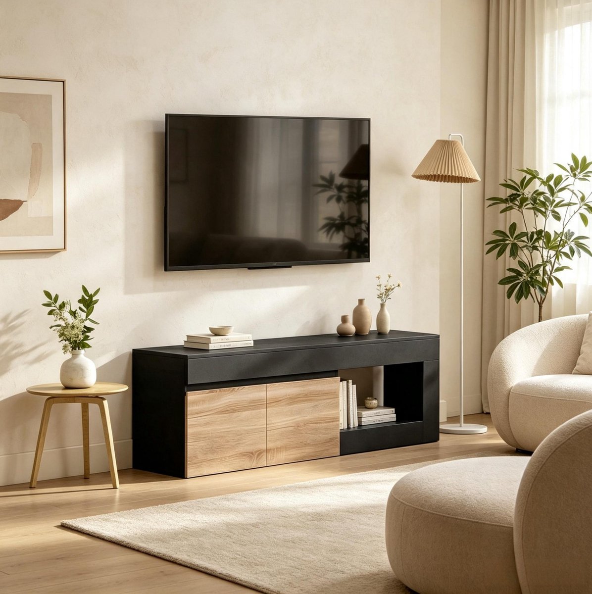REDOM - Tv meubel - Dubbeldeurskast met open vak - Softclose deuren - Moderne stijl - Woonkamer - Spaanplaat - Zwart - 140 x 40 x 48 cm
