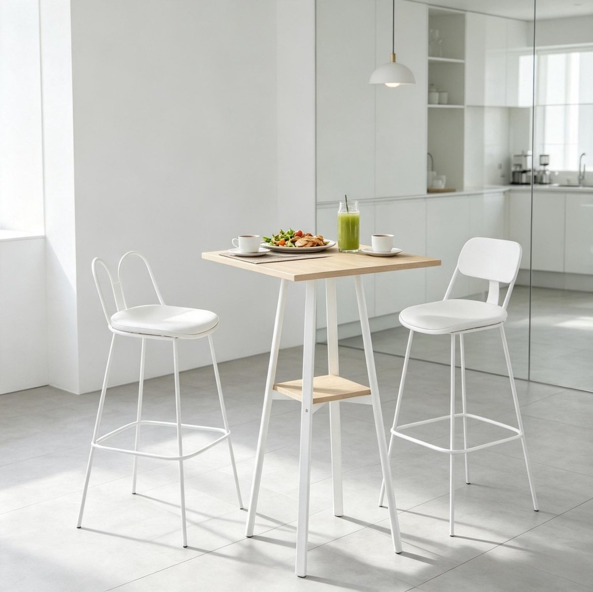 REDOM - Bartafel - Vierkant - Met onderplank - Melamine houten tafelblad - Metalen frame - Voor 2 personen - Eikenkleur en wit - 55 x 55 x 95 cm