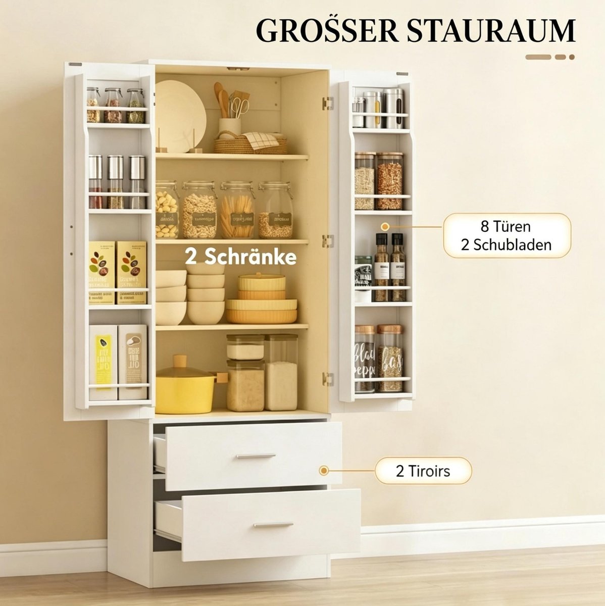 REDOM - Keukenkast - Met 2 deuren en 2 lades - Met 8 kruidenvakken en verstelbare planken - Anti-kantelbeveiliging - Moderne stijl - Keuken - MDF en spaanplaat - 60 x 40 x 159 cm