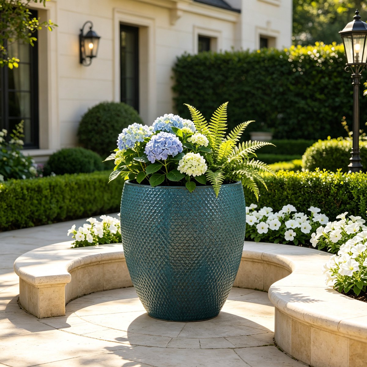 Bloempot Extra Groot 46 Cm Hoog 53 Cm Keramiek Teal Voor Grote Planten In Tuin En Terras Met Ruitreliëf En Afwateringsgaten