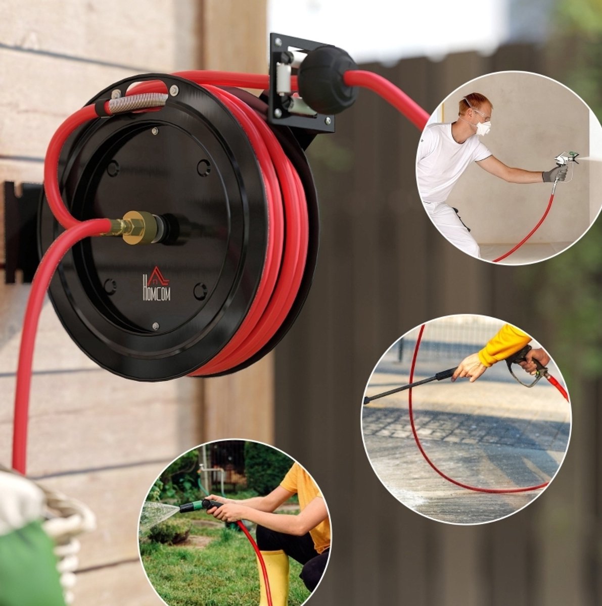 MODFU - Tuinslanghaspel - Automatische Terugloop - Wandmontage - Metaal - Rood Zwart