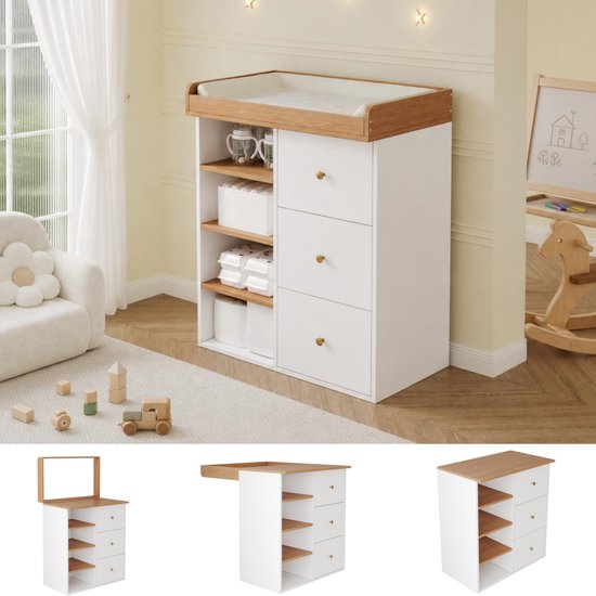 Witte commode met drie lades en legplanken, getoond in een kinderkamer en in drie verschillende configuraties.