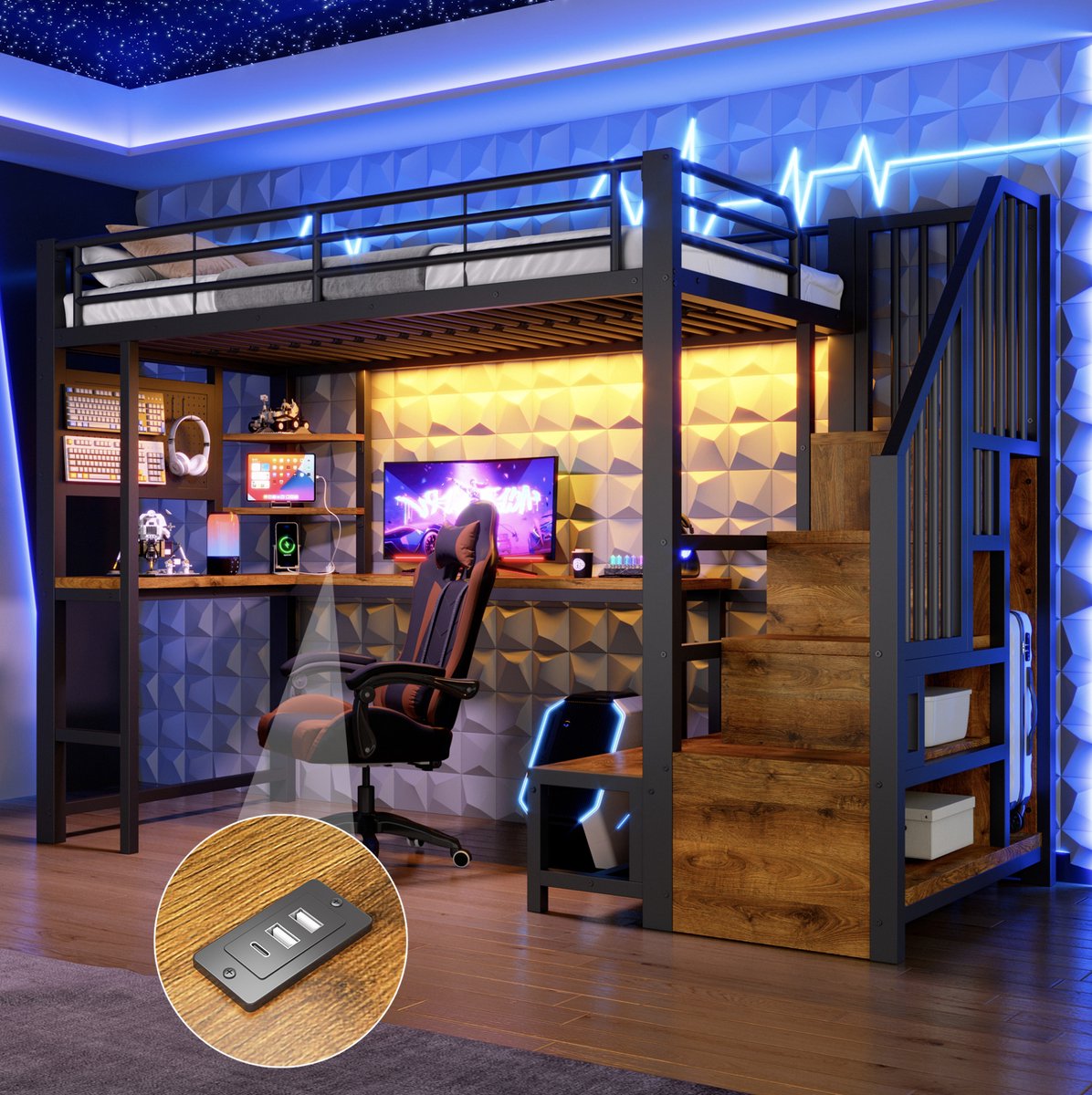 MIVRAY Hoogslaper 90x200cm Zonder Matras - Bed Met Bureau En Geperforeerde Wand - Met LED En USB C - Met Opbergtreden - Metaal MDF - Zwart