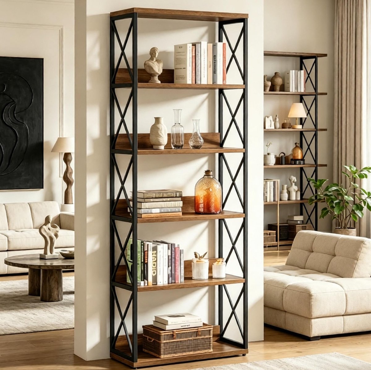 REDOM - Boekenkast - 5 open vakken - Metalen frame en houten planken - Industrieel - Woonkamer en kantoor - Metaal en hout - Zwart en Bruin - 60 x 30 x 178 cm
