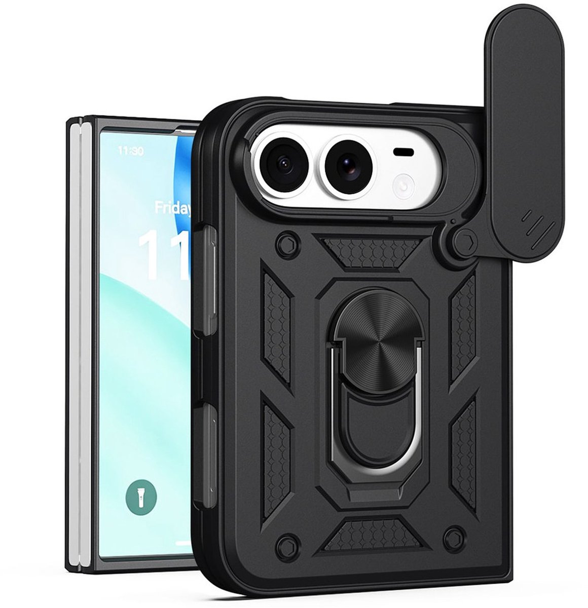 MobyDefend Hoesje - Geschikt voor iPhone Fold - Pantsercase Met Draaibare Ring - Zwart