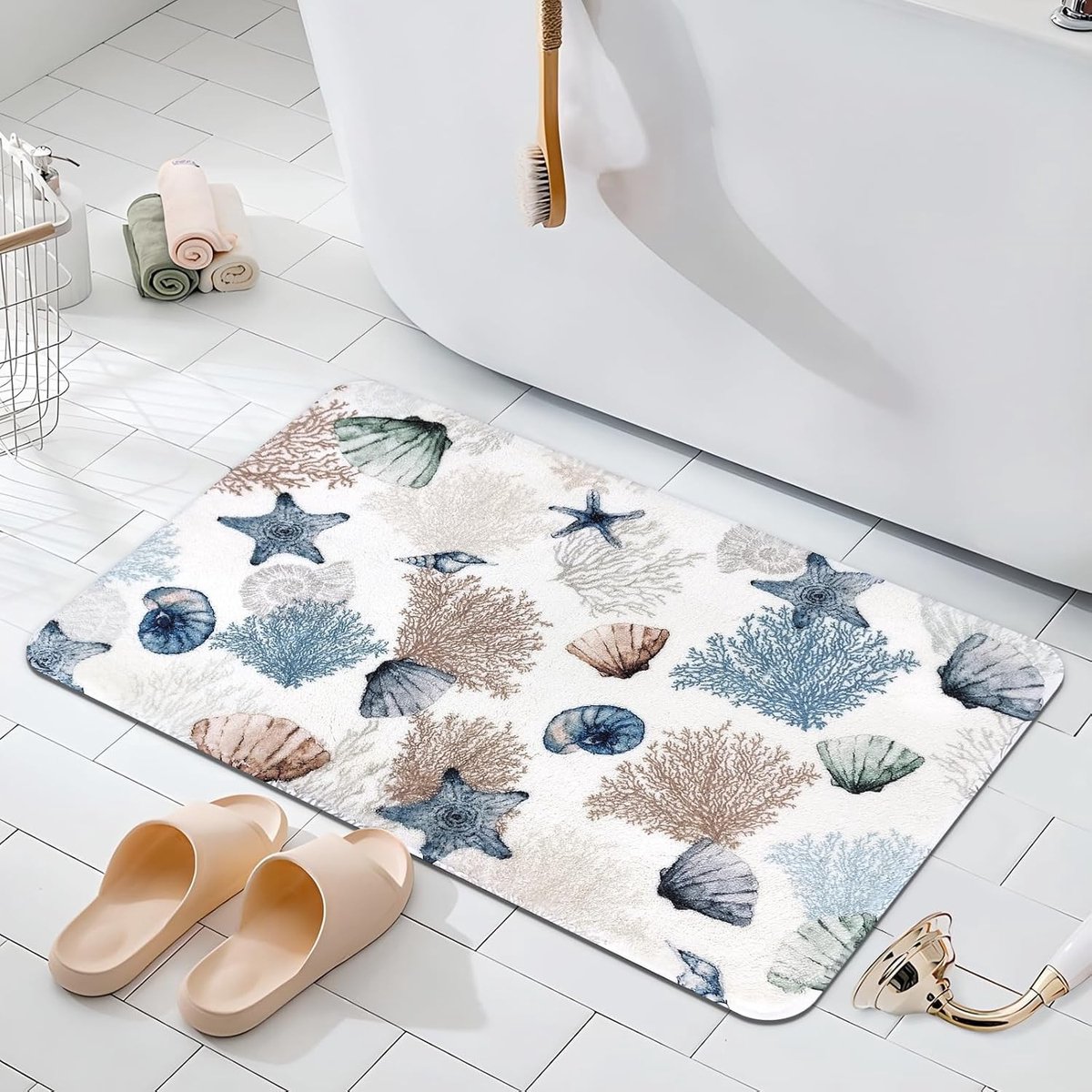 Coastal Badmat 50x80cm met Ocean Starfish en Coralline Design - Antislip, Extra Zacht Microfiber voor Badkamerdecoratie en Strandthema