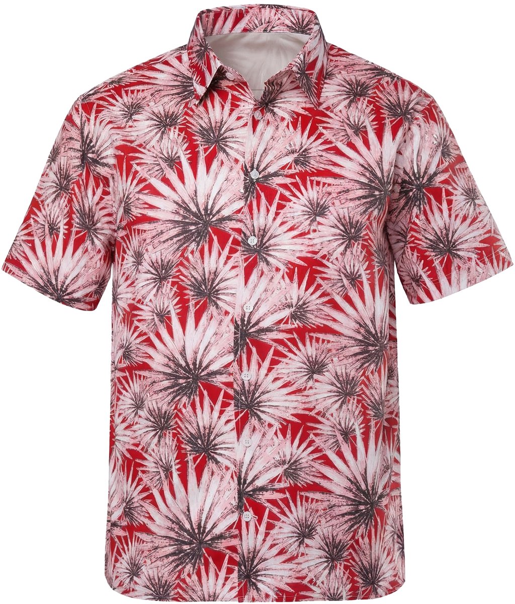 Men Plus - Heren - overhemd korte mouwen kentkraag print comfortabele pasvorm - Robijnrood - Maat L