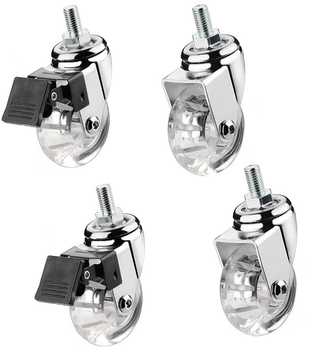 Duidelijke en duurzame meubelwielen met M8 schroefdraad, 35/50mm, voor meubels en winkelmandjes met rem, set van 4 (2 draaiend + 2 met rem)