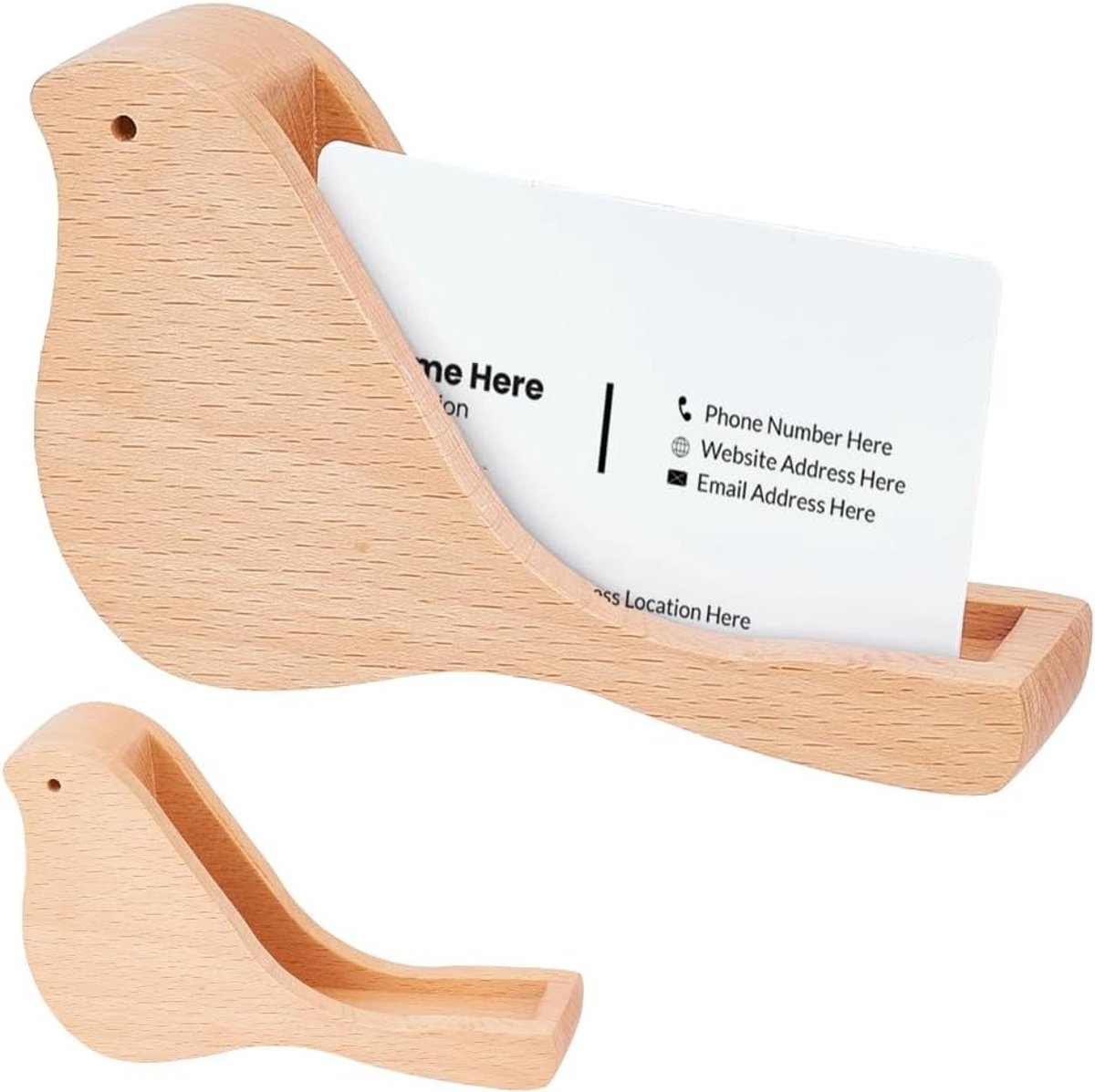 Schattige houten visitekaartjeshouder in vogelvorm voor bureau, unieke displaystandaard, kantooraccessoire, 12,8 x 3,5 x 8 cm, creatieve opslagoplossing voor visitekaartjes