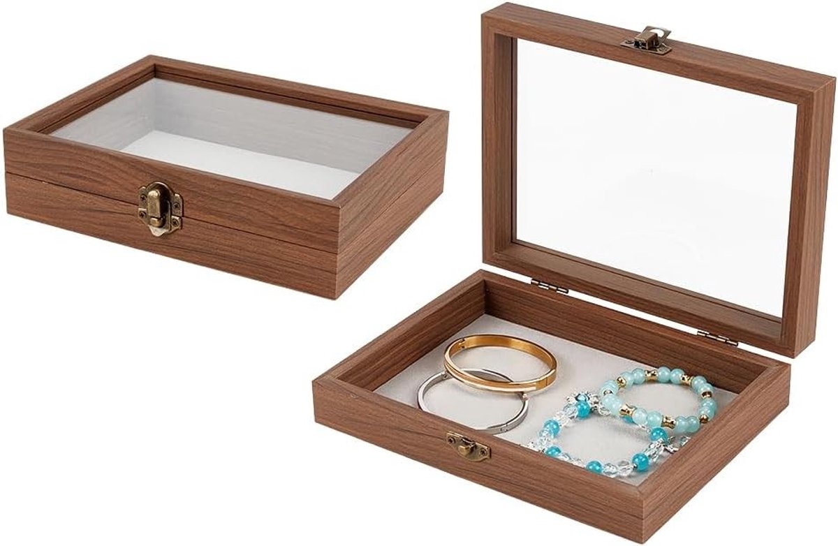 Sieradenvitrine van hout met glazen deksel en metalen sluiting voor halskettingen, armbanden en ringen, stijlvolle opbergdoos voor sieraden en verzamelstukken