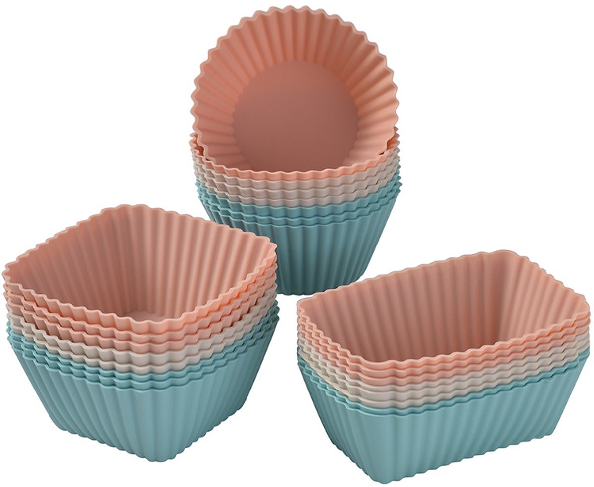 Siliconen Muffinvormen Set - 24 Stuks - Herbruikbare Cupcake Vormpjes - Rond, Vierkant & Rechthoekig - Blauw & Roze
