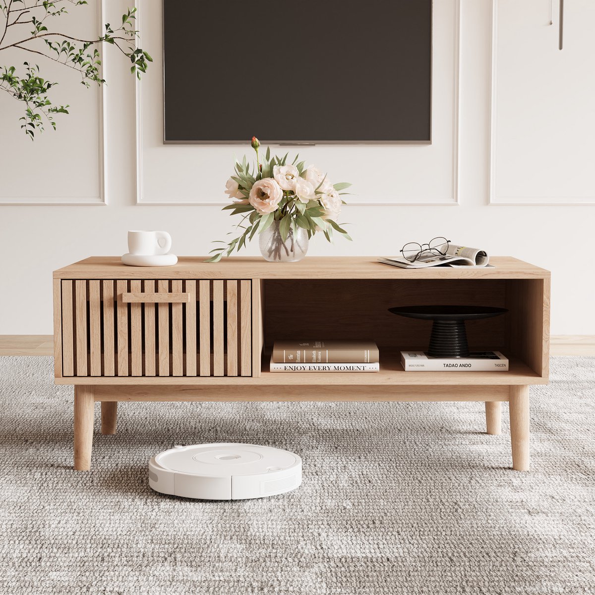 Yelenaro Rechthoekige salontafel van natuurlijk hout, Met lades en open opbergruimte, Verticale strepen met opengewerkte details, Salontafels voor de woonkamer, 100x50x43cm