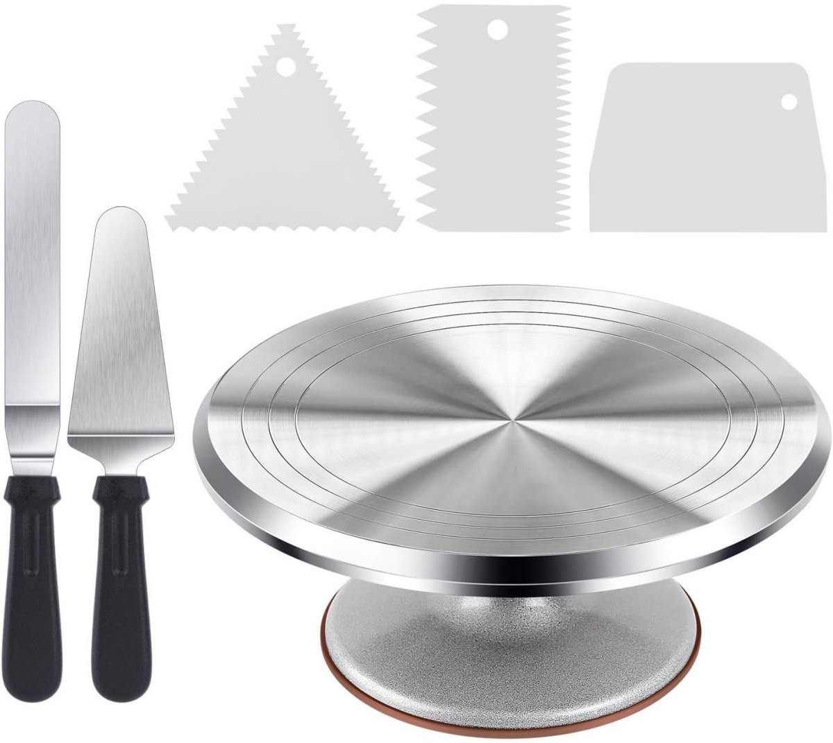 SSTRWGOOD Draaibare taartstandaard – Taartplateau van aluminiumlegering (30 cm) – Inclusief 2 gebogen spatels en 3 taartschrapers – Draaibaar plateau voor het decoreren en bakken van taarten – Taartstandaard – Ideaal cadeau voor vrienden en familie