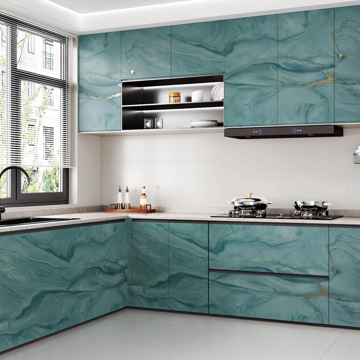 Blauw Marmer Zelfklevend Behang voor Woonkamer, Keuken en Badkamer - Vinyl Bekleding voor Meubels, Aanrecht en Muren 60cm X 300cm