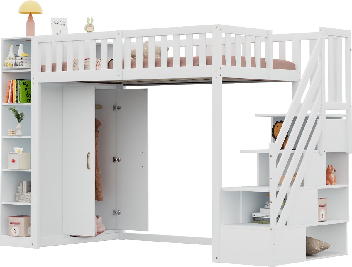 Hoogslaper 90x200 Met Kledingkast - Multifunctioneel Kinderbed Wit - Ingebouwde Planken - Veilige Trap - 120kg - Voor Tieners - 290x96,5x173cm - Wit