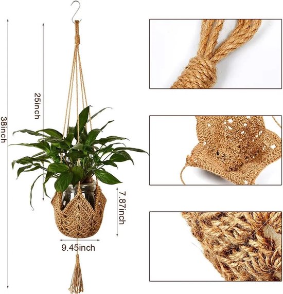 Een set van twee hangende bloemenmanden, geweven van jutetouw, compleet Geschikt voor haken, Geschikt voor decoratieve doeleinden.