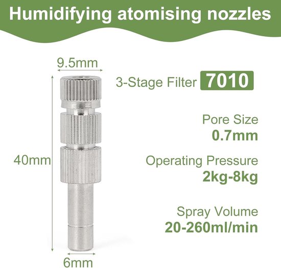 10 x Mist Sprayer met Lage Druk, 0.7mm Keramische Vernevelaar en Messing Spuitdoppen voor 6mm Aansluitingen, Inclusief Filter en Vernevelingstechnologie — afbeelding 5
